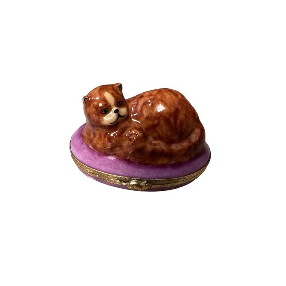 VTG Limoges ND Peint Main Hand-Painted Porcelain Trinket Box Sienna Cat signed - Picture 1 of 16